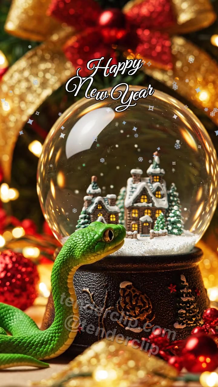 Animated greeting card about Happy New Year: a cute little green snake with expressive eyes wakes a snow globe
