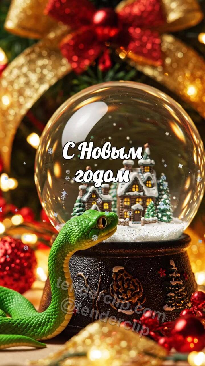 Анимационная открытка на тему С Новым годом: милая маленькая змея оживляет снежный шар