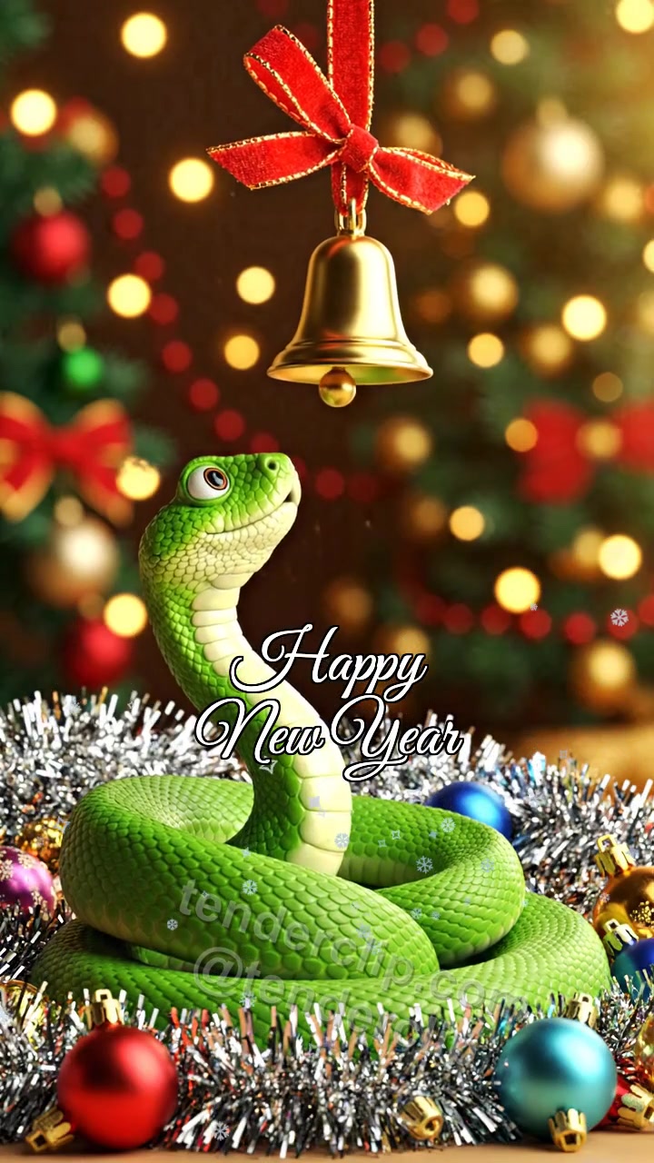 Animated greeting card about Happy New Year: a cute little green snake with expressive eyes rings a festive bell