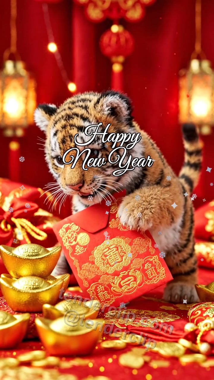 Animated greeting card about Happy New Year: a playful tiger cub with soft stripes delivers a red envelope
