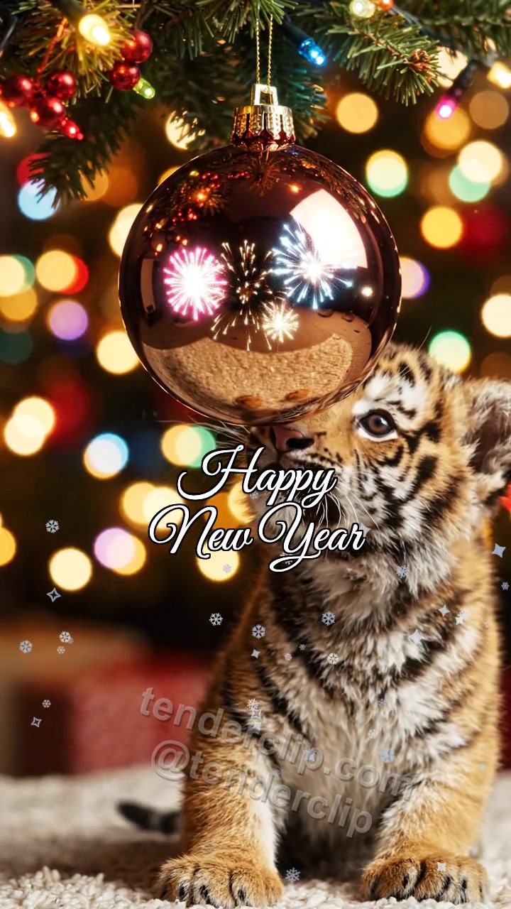Animated greeting card about Happy New Year: a playful tiger cub with soft stripes watches fireworks in an ornament