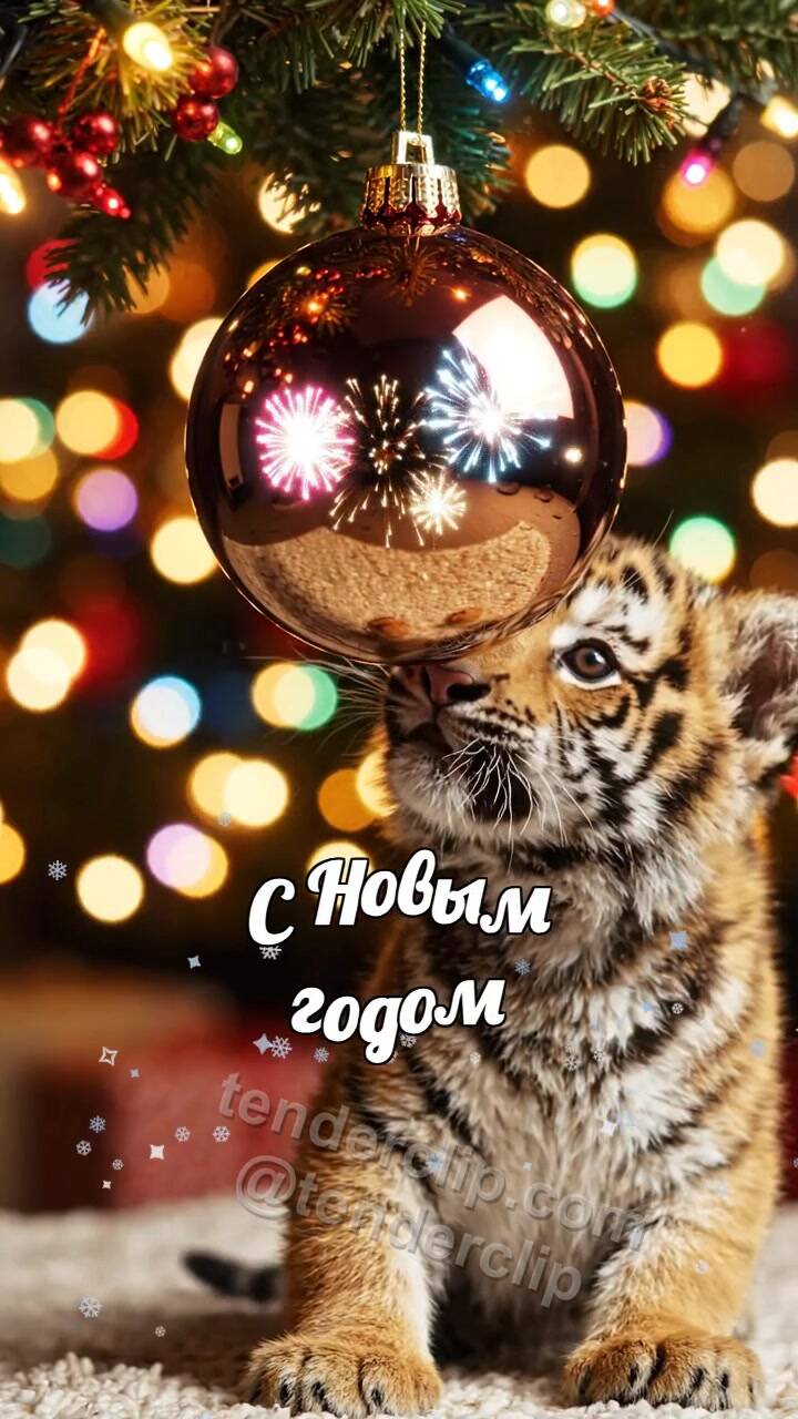 Анимационная открытка на тему С Новым годом: игривый тигрёнок любуется салютом в шаре
