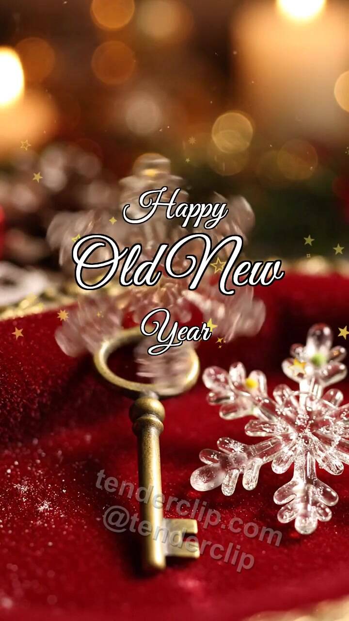 Animated greeting card about Happy Old New Year: Vintage Key Winds Snowflake
