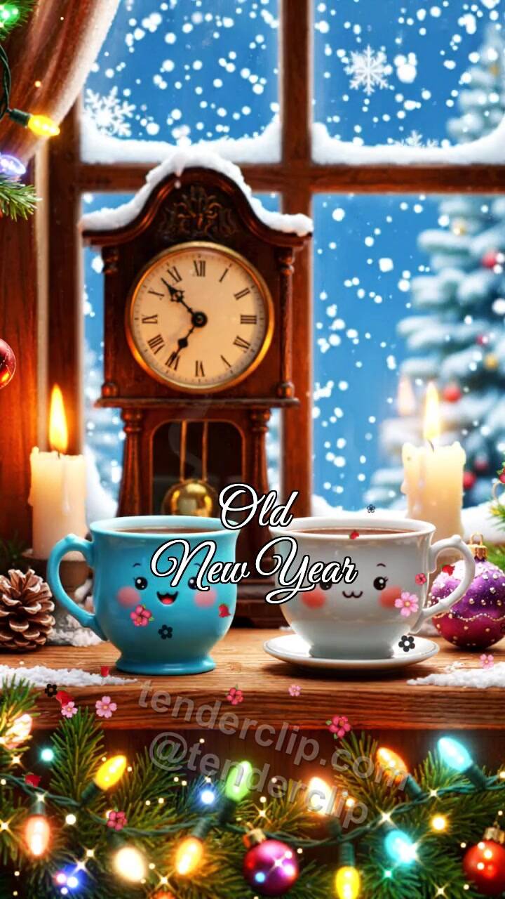 Animated greeting card about Old New Year: tea moves closer