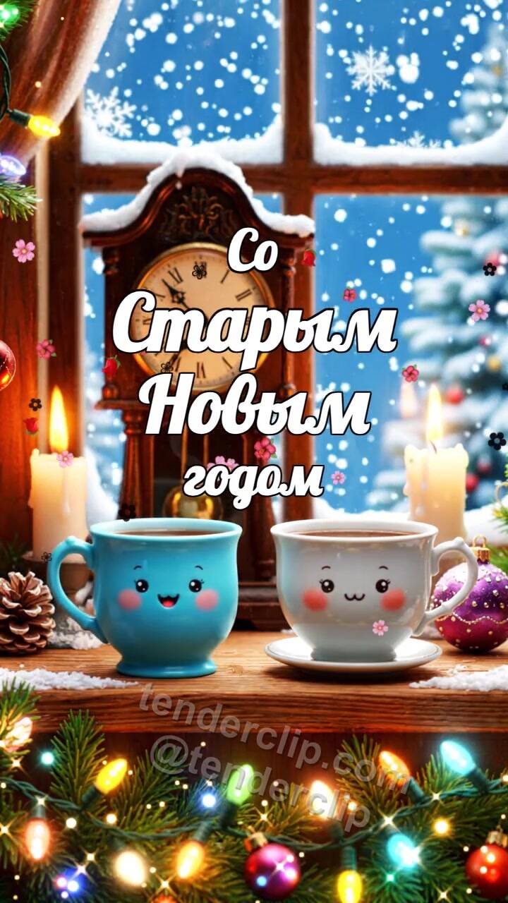 Анимационная открытка на тему Со Старым Новым годом: чашка чая придвигается ближе