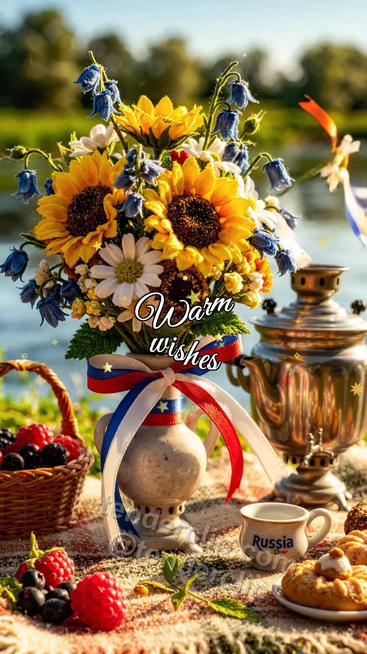 Animated greeting card about Warm wishes: summer bouquet wakes up first