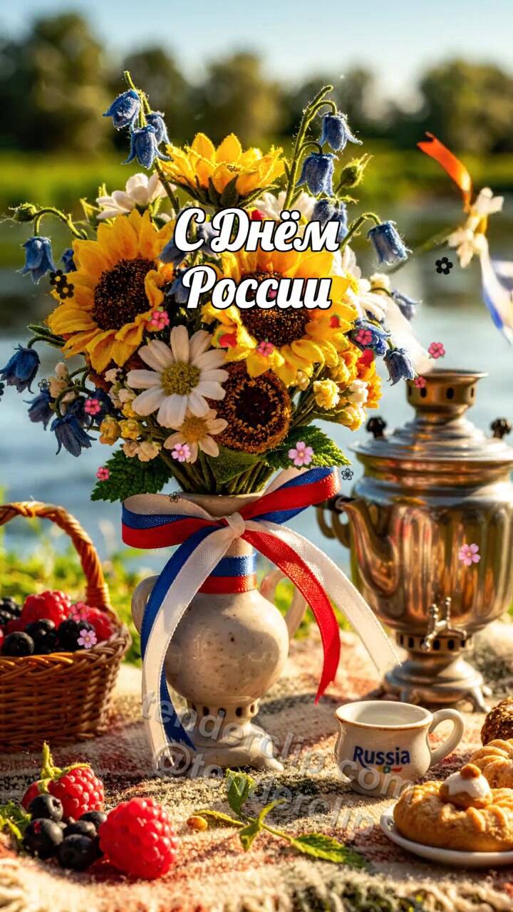 Анимационная открытка на тему С Днём России: летний букет оживает первым