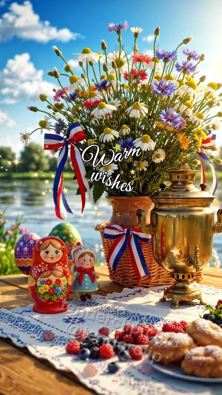 Animated greeting card about Warm wishes: tiny parade crosses the table