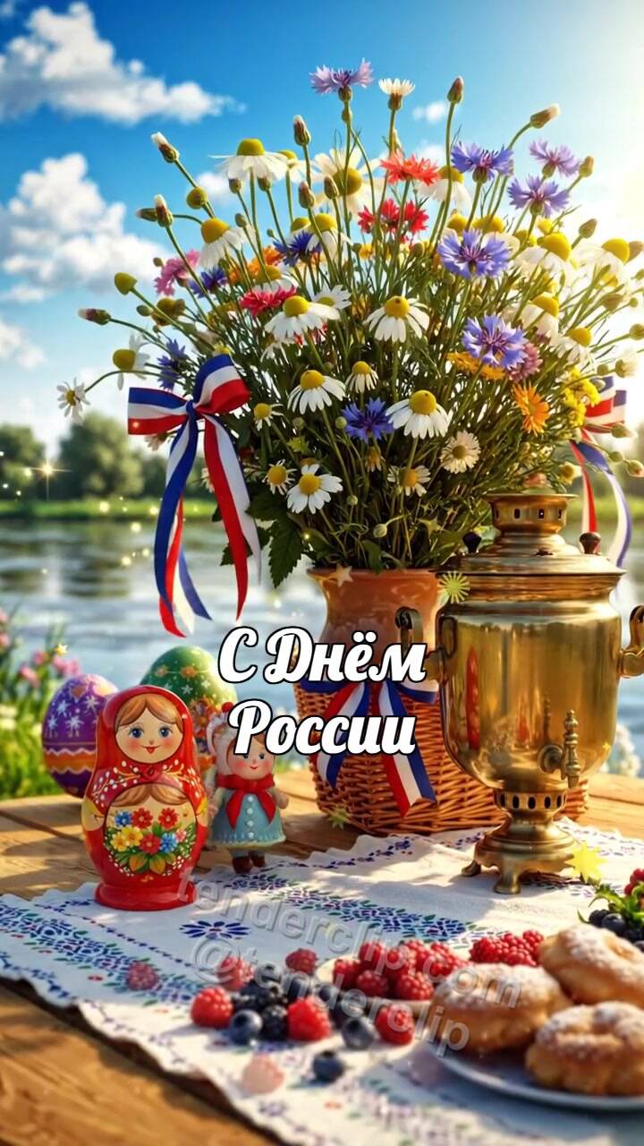 Анимационная открытка на тему С Днём России: маленькое шествие проходит по столу