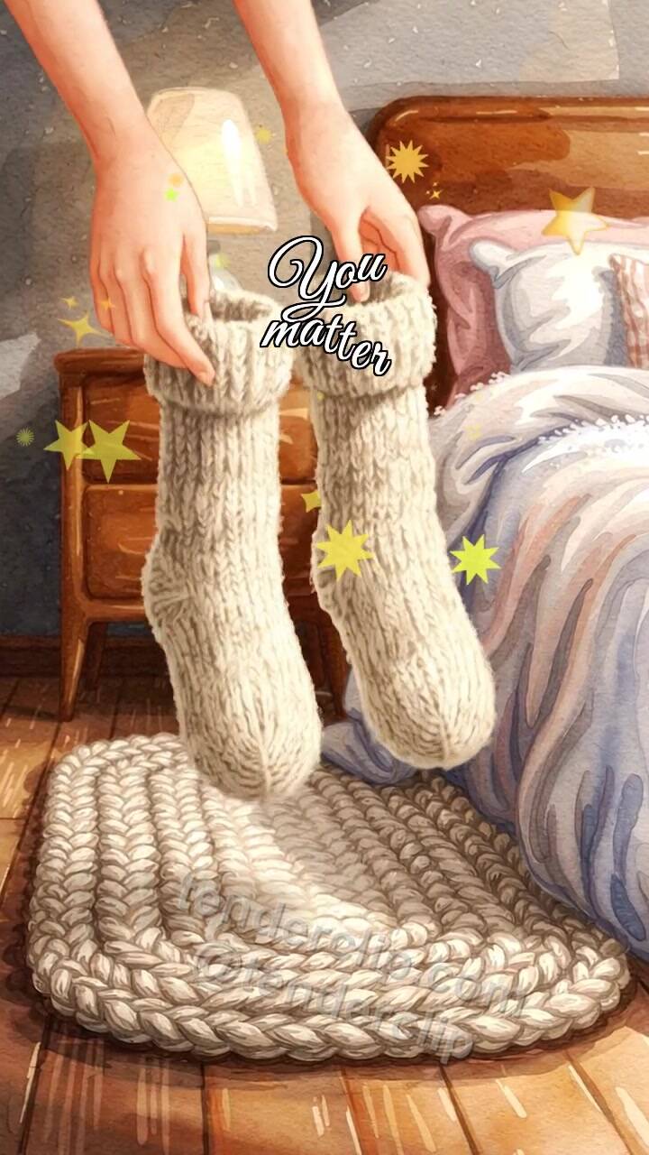 Animated greeting card about You matter: warm socks are placed by the bed