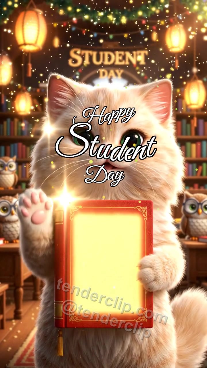 Animated greeting card about Happy Student Day: Kitten With Lucky Record Book
