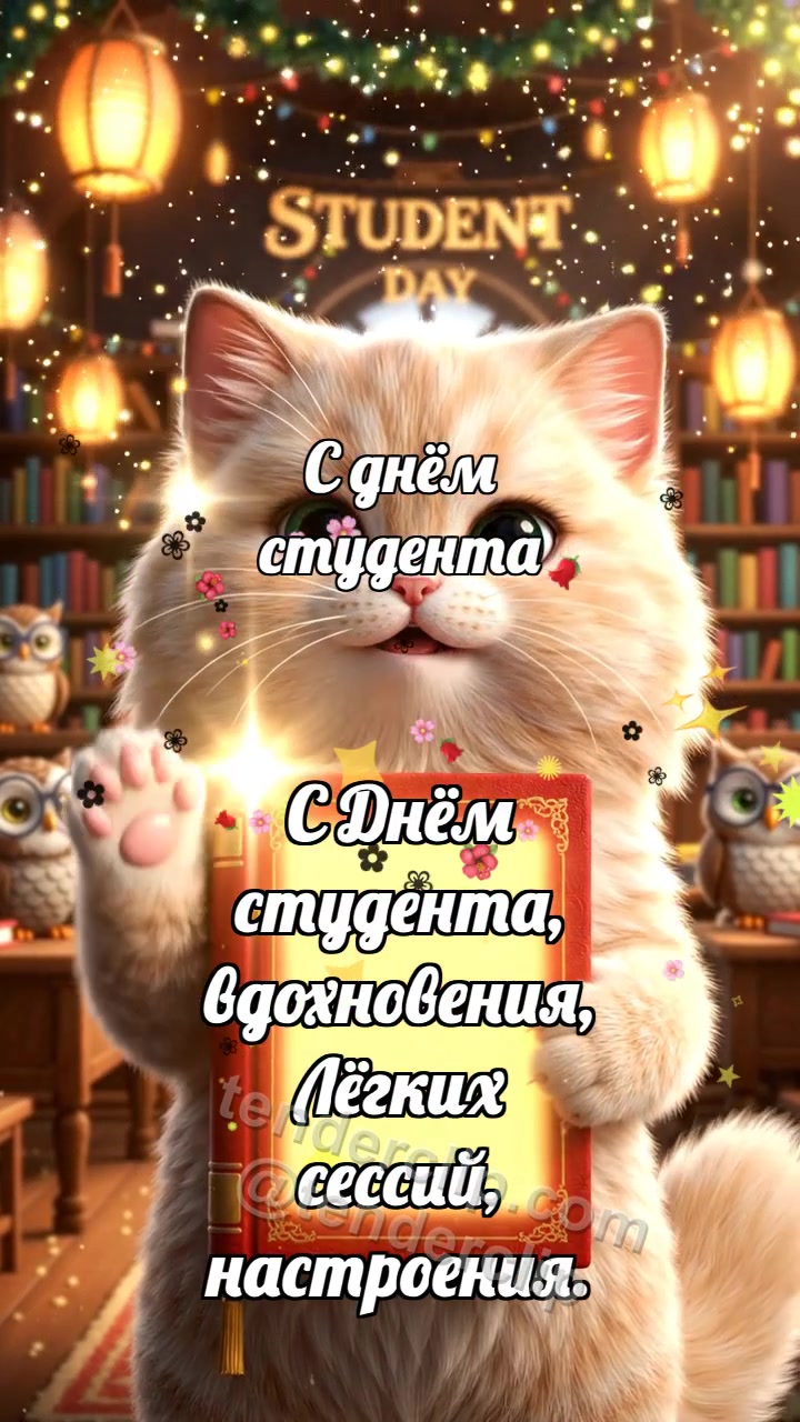 Анимационная открытка на тему С днём студента: Котёнок с зачёткой удачи