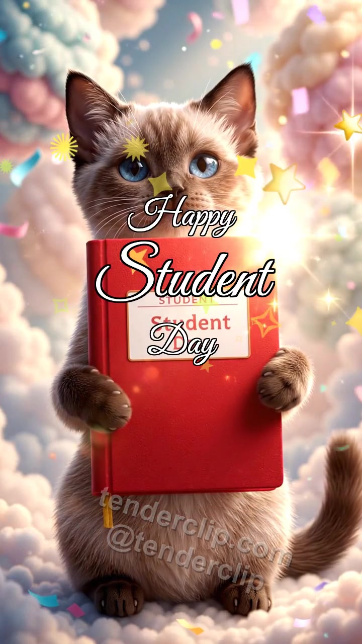 Animated greeting card about Happy Student Day: Kitten With Lucky Record Book