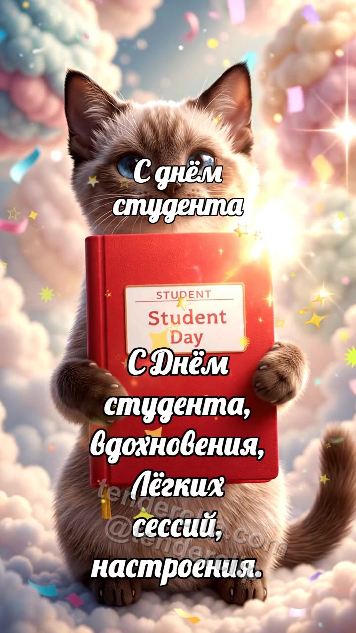 Анимационная открытка на тему С днём студента: Котёнок с зачёткой удачи