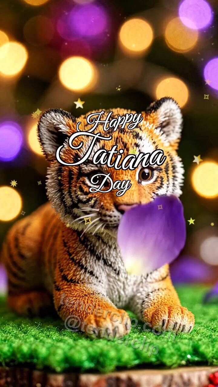 Animated greeting card about Happy Tatiana Day: Tiger Cub Catches Petal