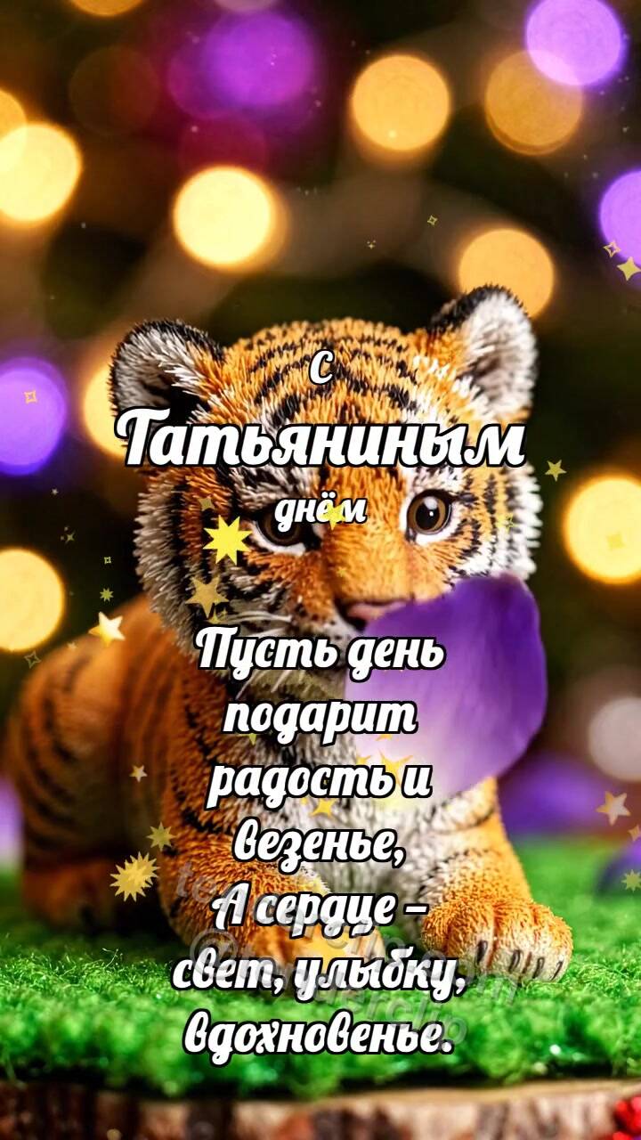 Анимационная открытка на тему С Татьяниным днём: Тигрёнок ловит лепесток