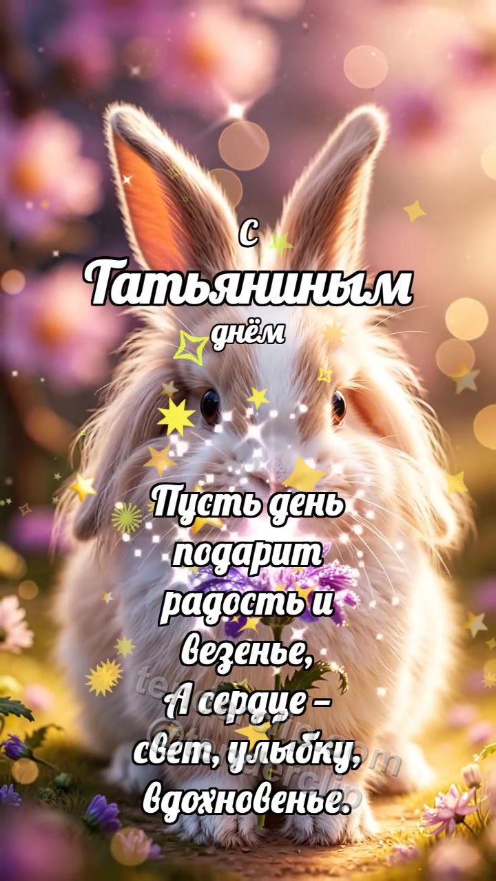Анимационная открытка на тему С Татьяниным днём: Зайчик несёт фиалку