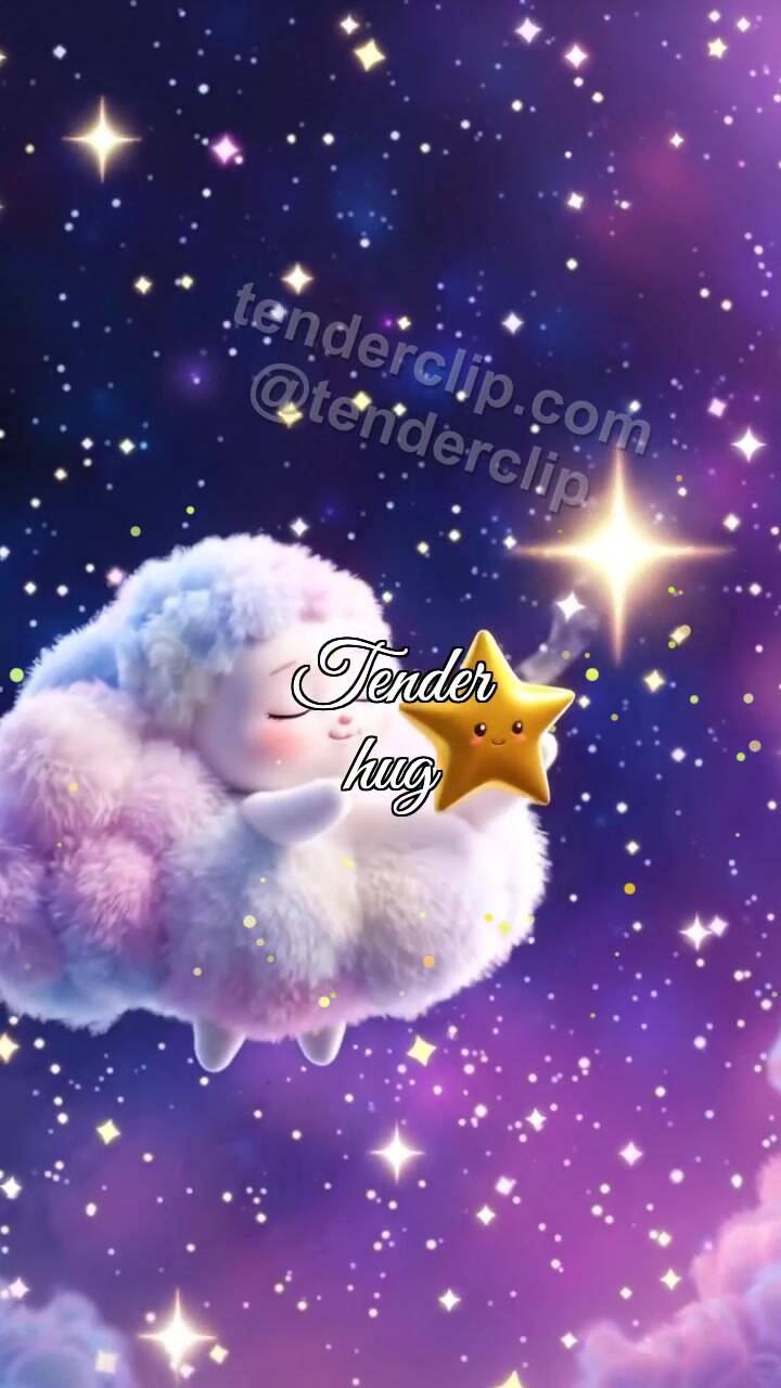 Animated greeting card about Tender hug: sleepy cloud carries a star