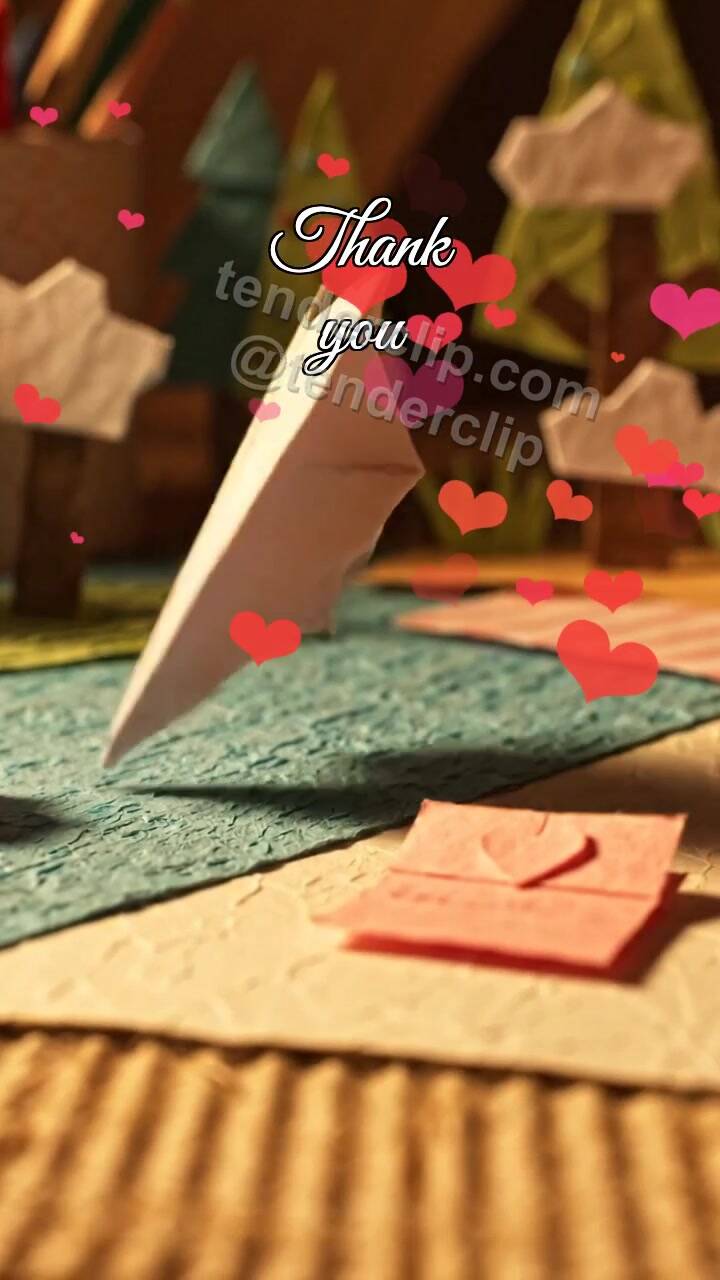 Animated greeting card about Thank you: paper plane brings a note
