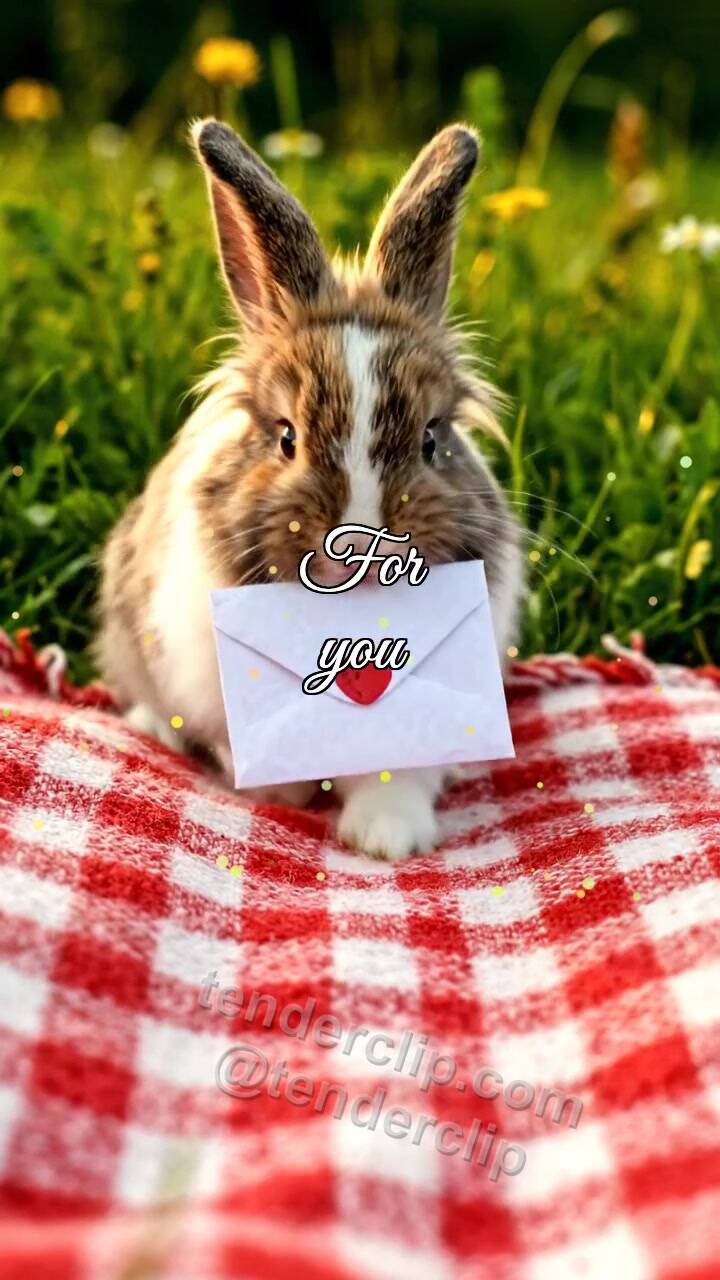 Animated greeting card about For you: small bunny carries a sealed envelope across a picnic blanket and nudges it toward the viewer