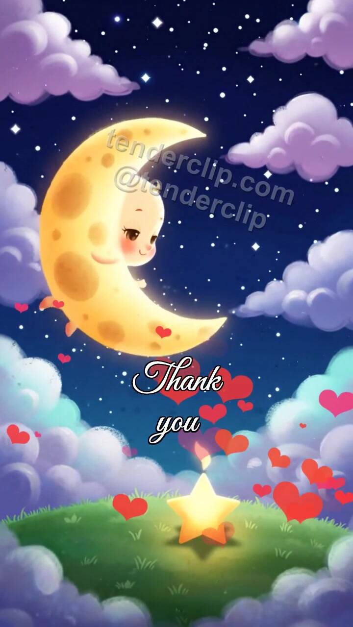 Animated greeting card about Thank you: moon lifts a star