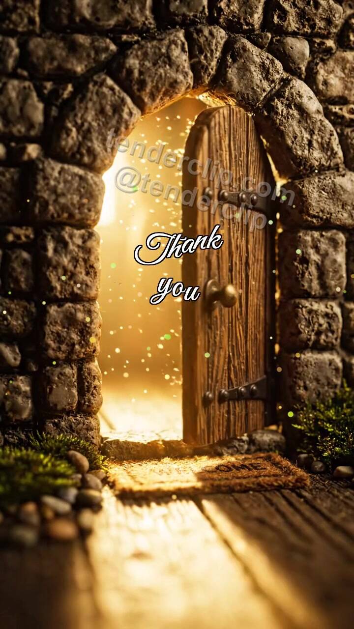 Animated greeting card about Thank you: little door opens warm light