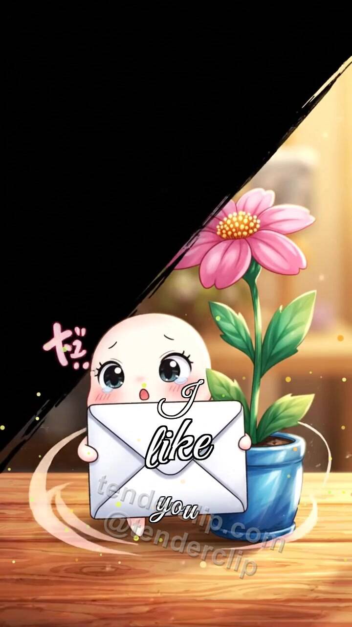 Animated greeting card about I like you: shy envelope hides behind a flower