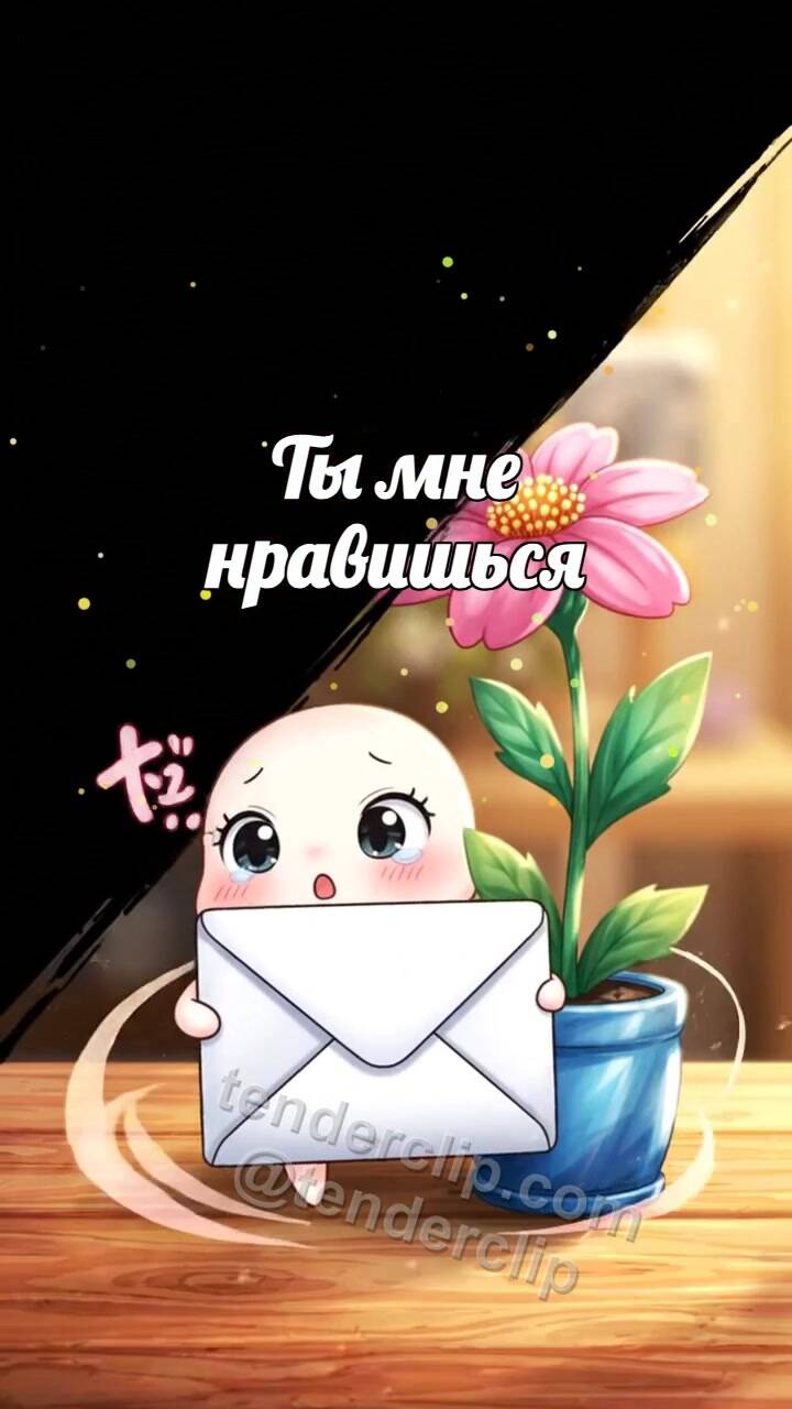 Анимационная открытка на тему Ты мне нравишься: робкий конверт прячется за цветком
