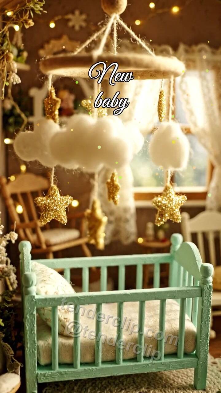 Animated greeting card about New baby: crib mobile turns gently