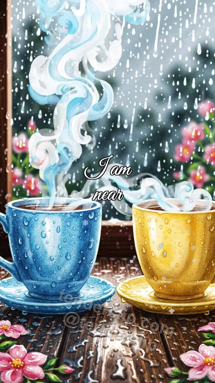 Animated greeting card about I am near: two cups meet by a rainy window