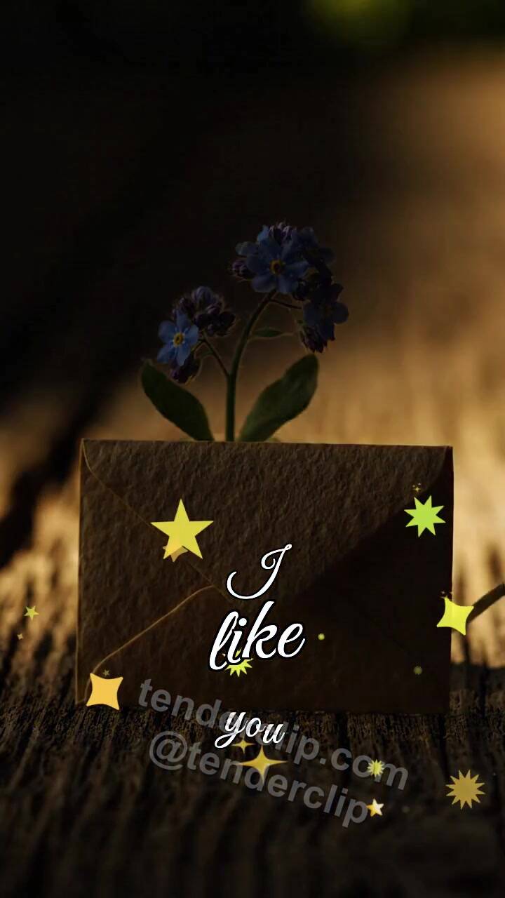 Animated greeting card about I like you: shy envelope hides behind a flower