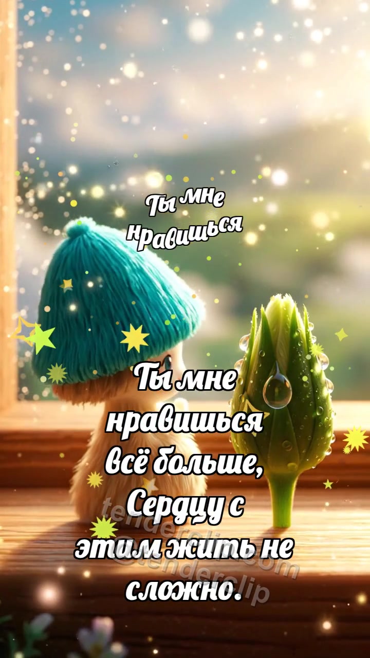 Анимационная открытка на тему Ты мне нравишься: Бирюзовый колпачок кивает бутону