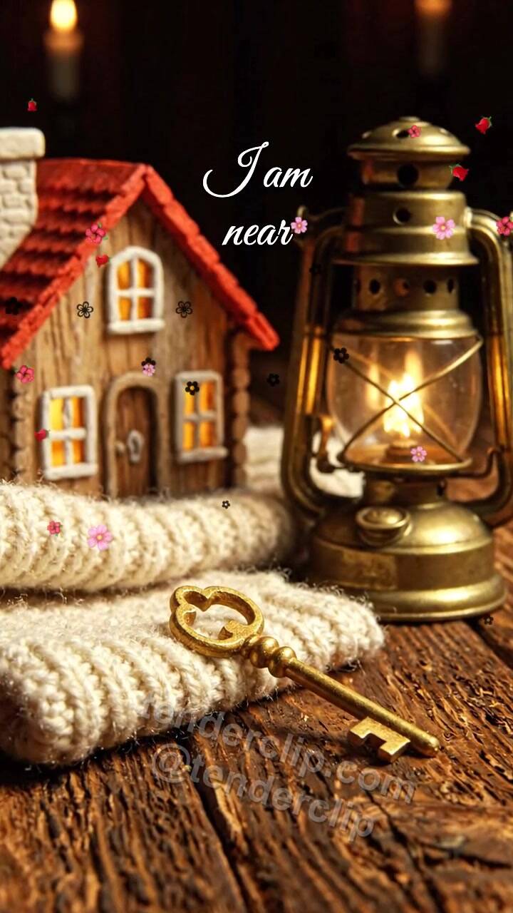 Animated greeting card about I am near: key opens a tiny warm house