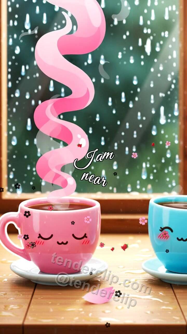 Animated greeting card about I am near: two cups meet by a rainy window