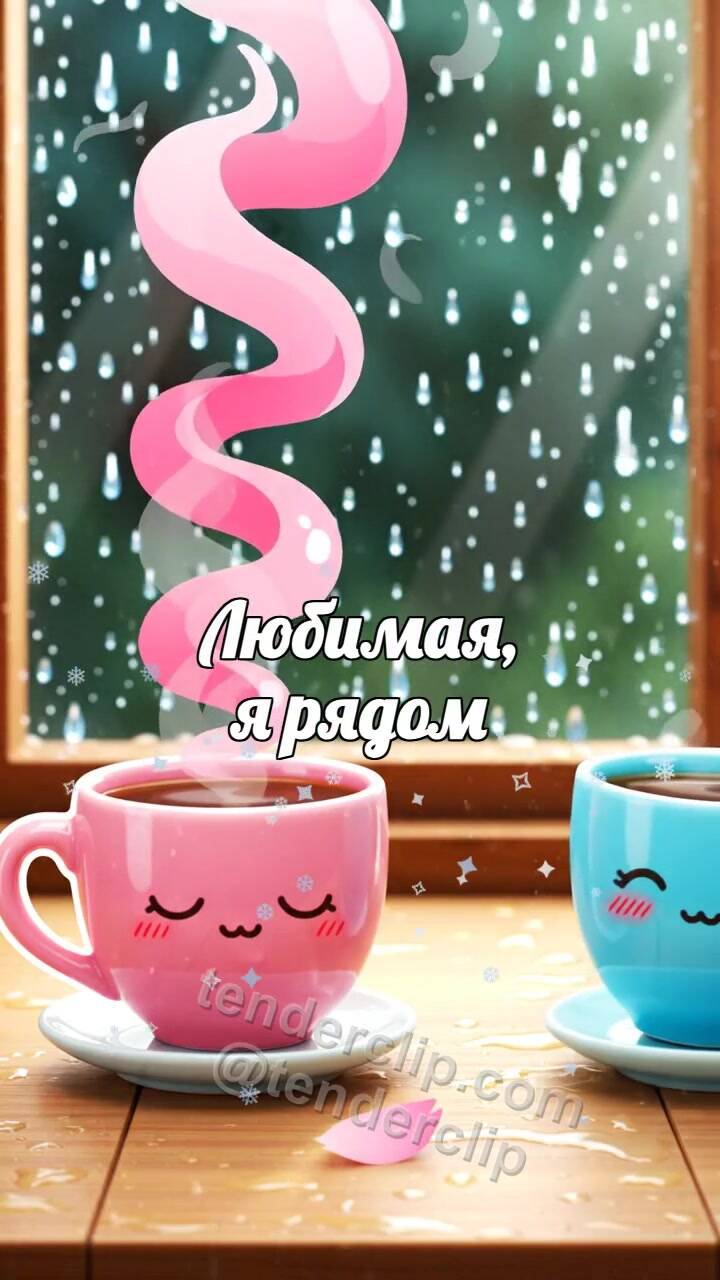 Анимационная открытка на тему Любимая, я рядом: две чашки встречаются у дождливого окна