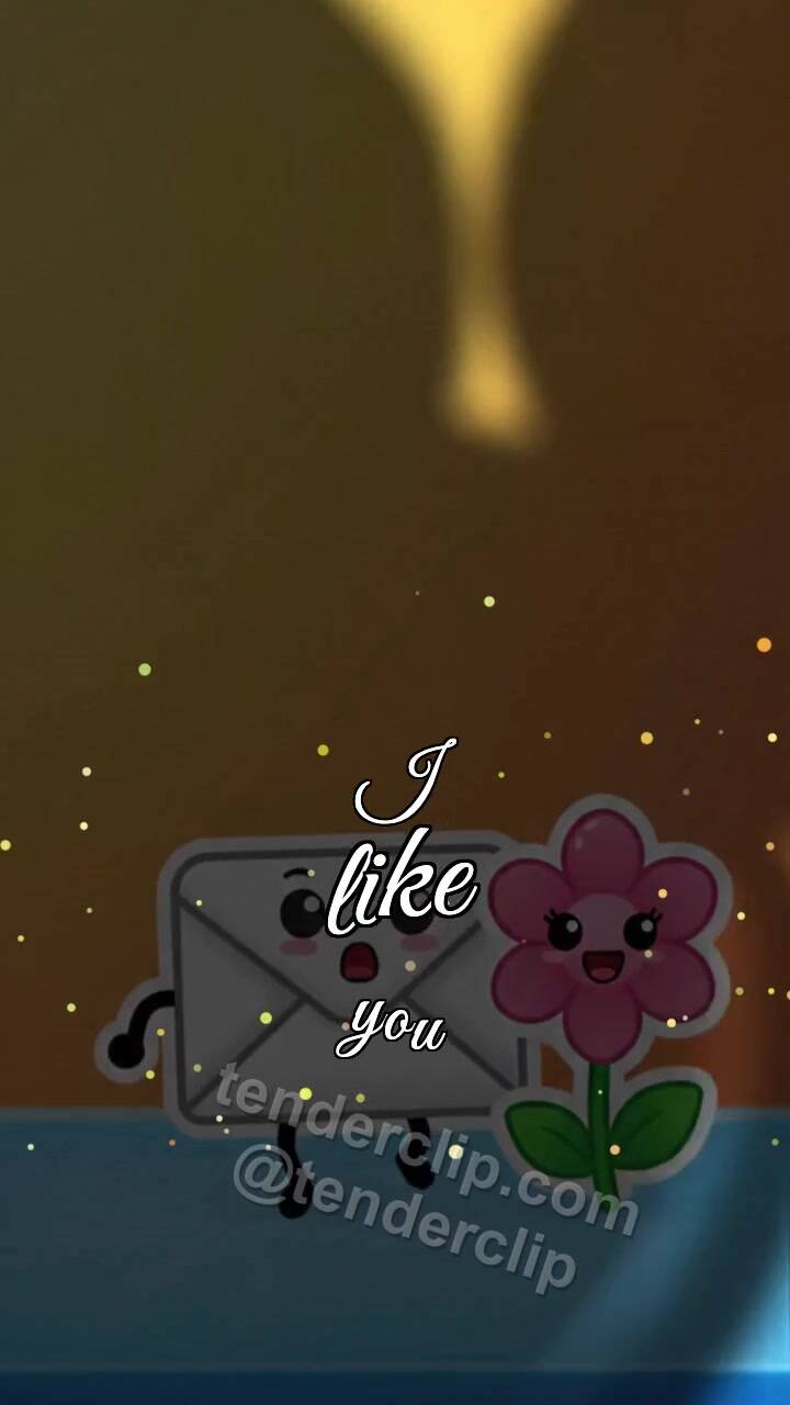 Animated greeting card about I like you: shy envelope hides behind a flower