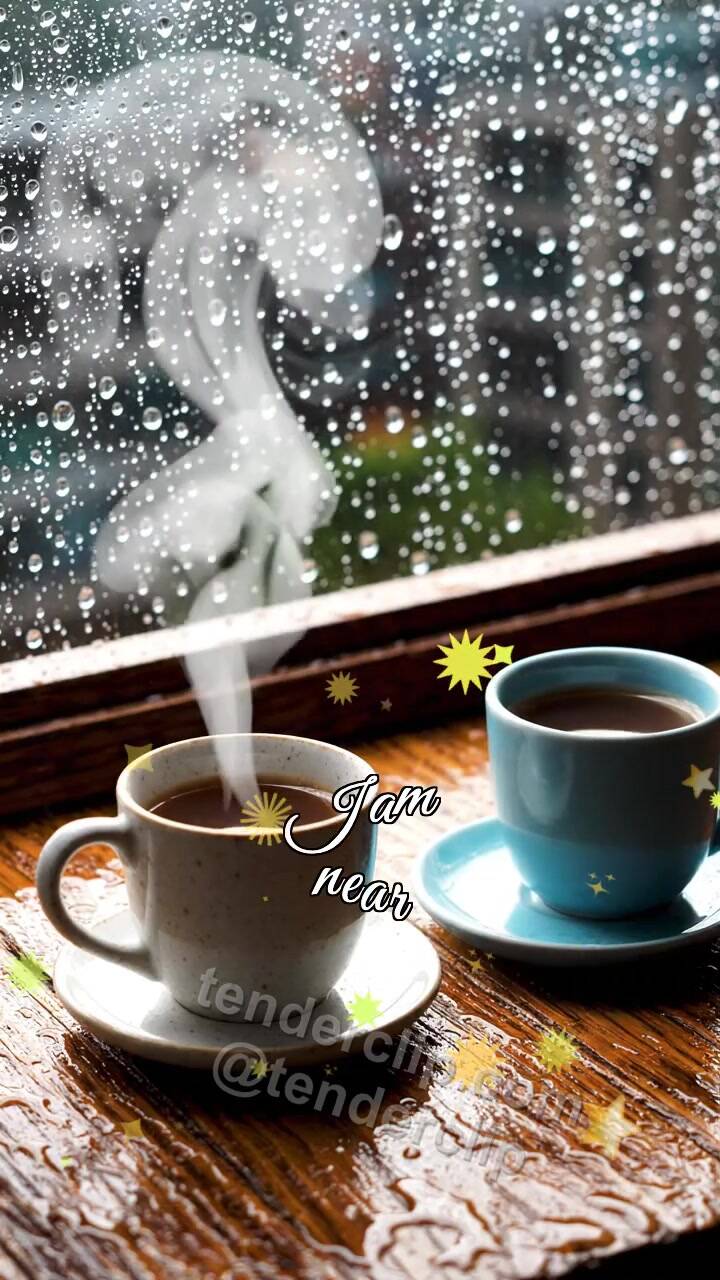 Animated greeting card about I am near: two cups meet by a rainy window