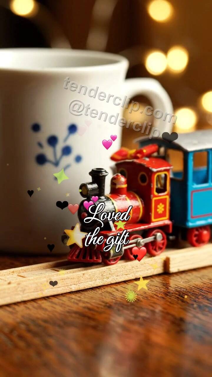 Animated greeting card about Loved the gift: toy train delivers a gift