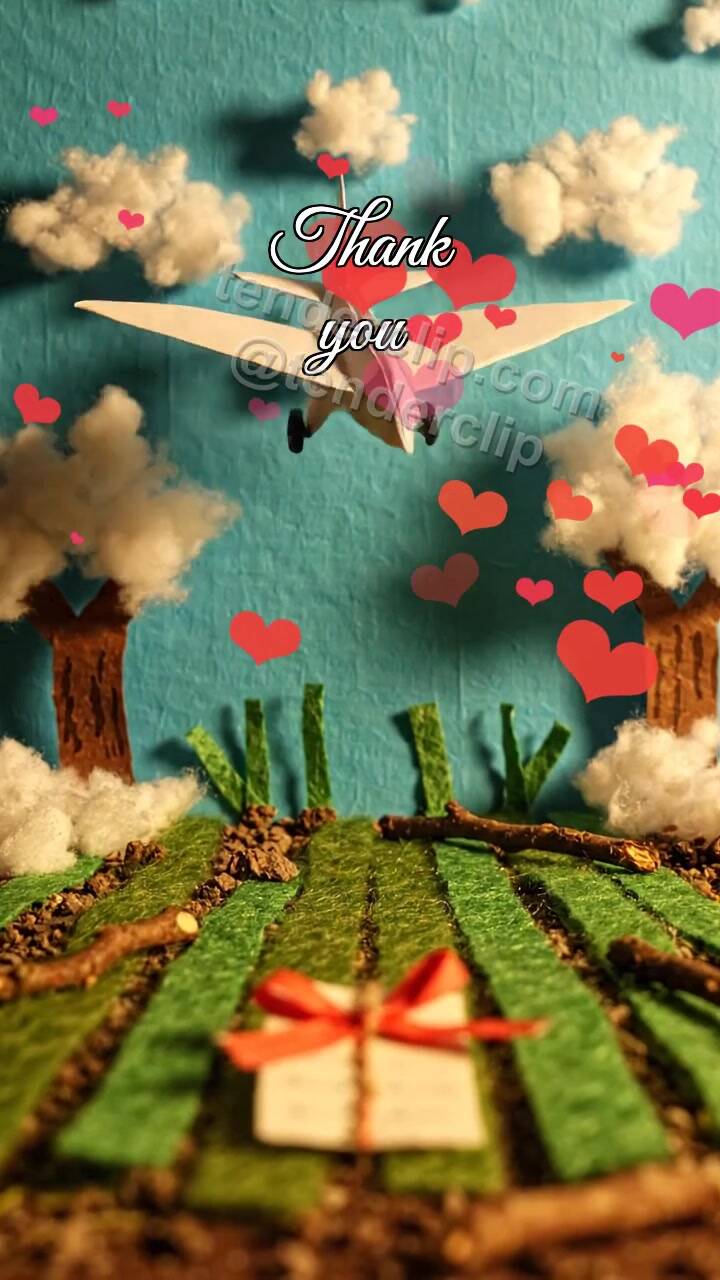 Animated greeting card about Thank you: paper plane brings a note