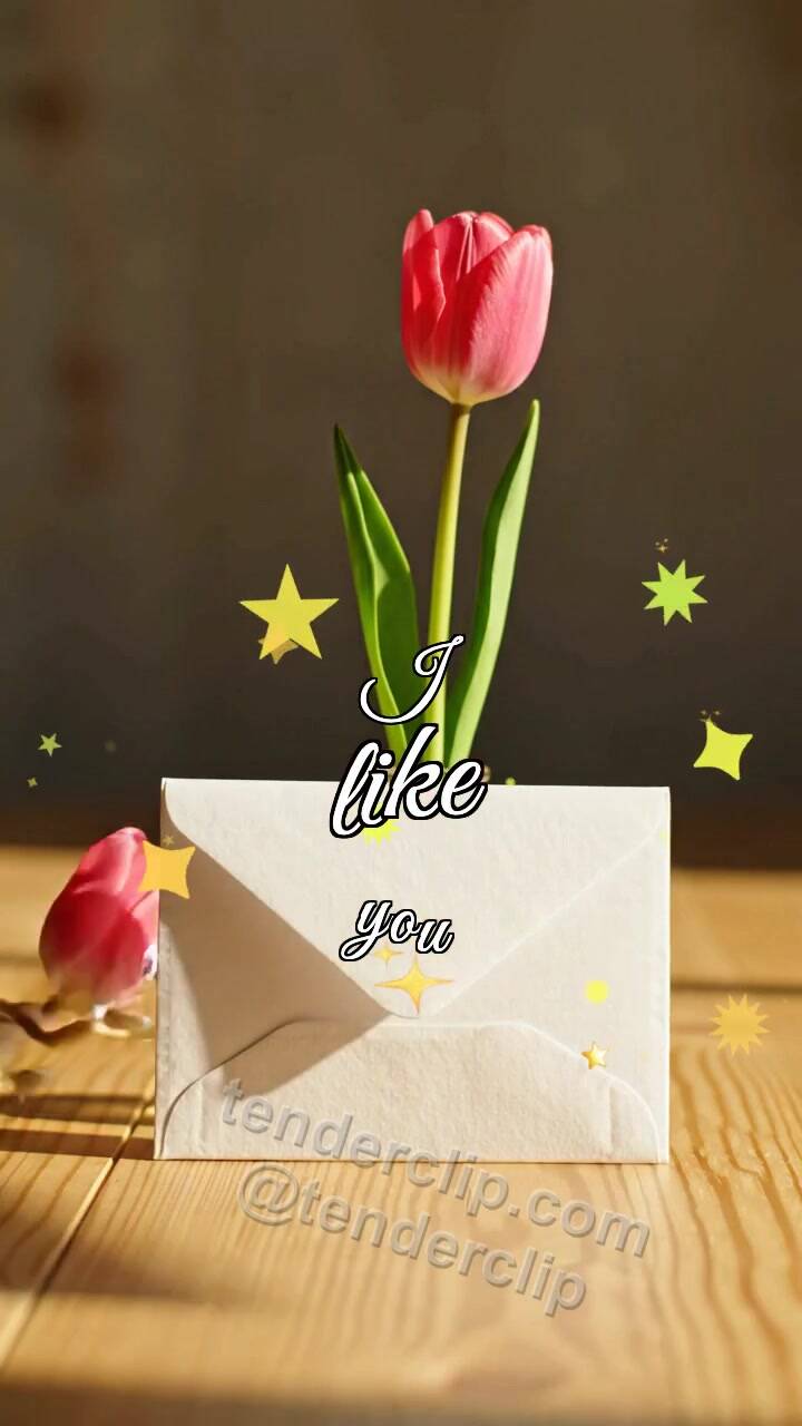 Animated greeting card about I like you: shy envelope hides behind a flower