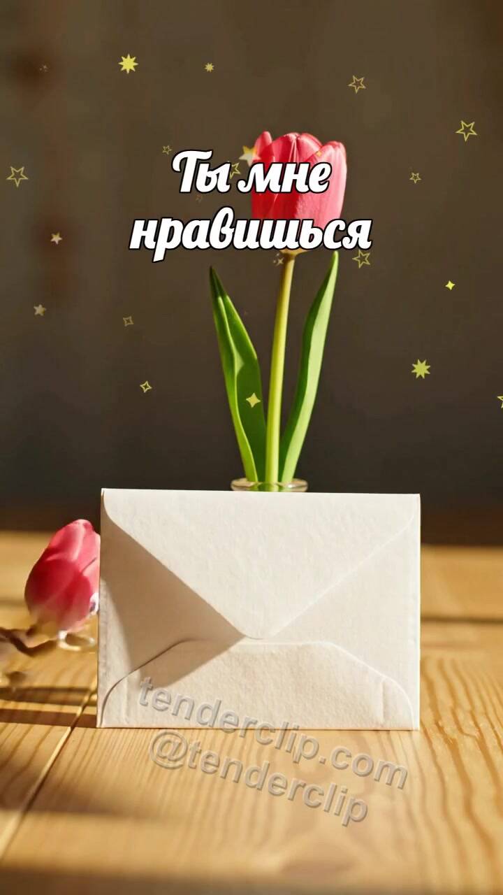 Анимационная открытка на тему Ты мне нравишься: робкий конверт прячется за цветком