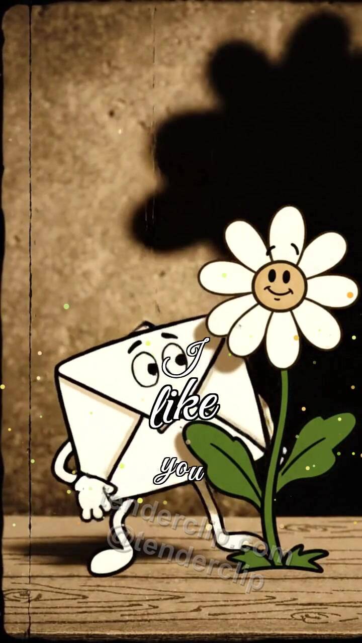 Animated greeting card about I like you: shy envelope hides behind a flower