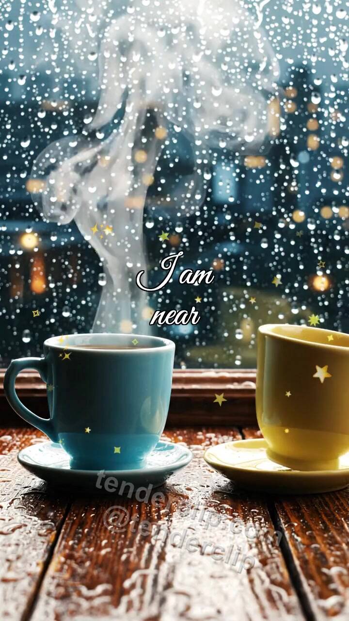 Animated greeting card about I am near: two cups meet by a rainy window