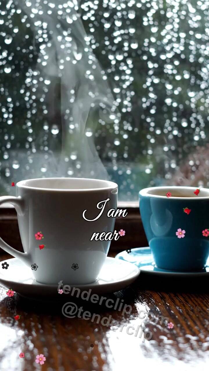 Animated greeting card about I am near: two cups meet by a rainy window