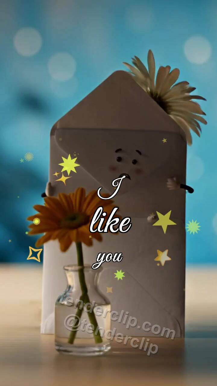 Animated greeting card about I like you: shy envelope hides behind a flower