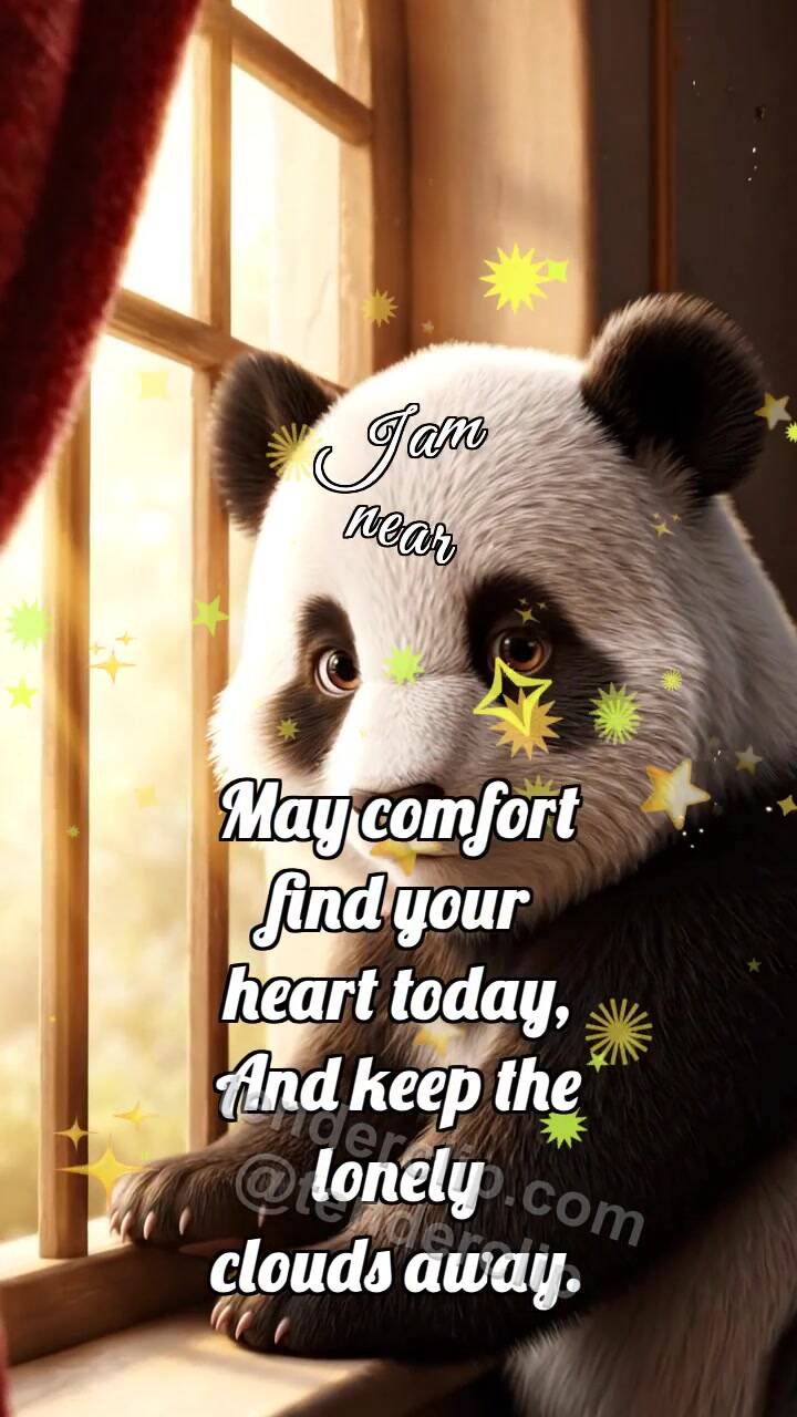 Animated greeting card about I am near: Panda Cub By Warm Window
