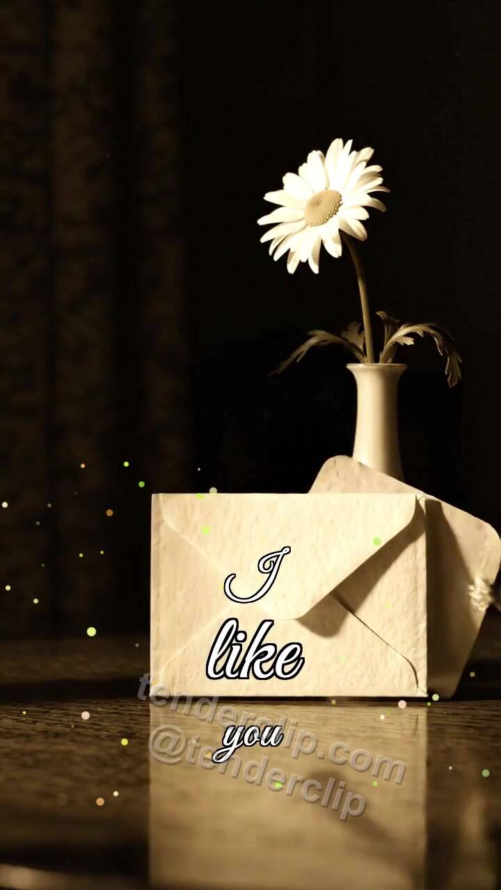 Animated greeting card about I like you: shy envelope hides behind a flower