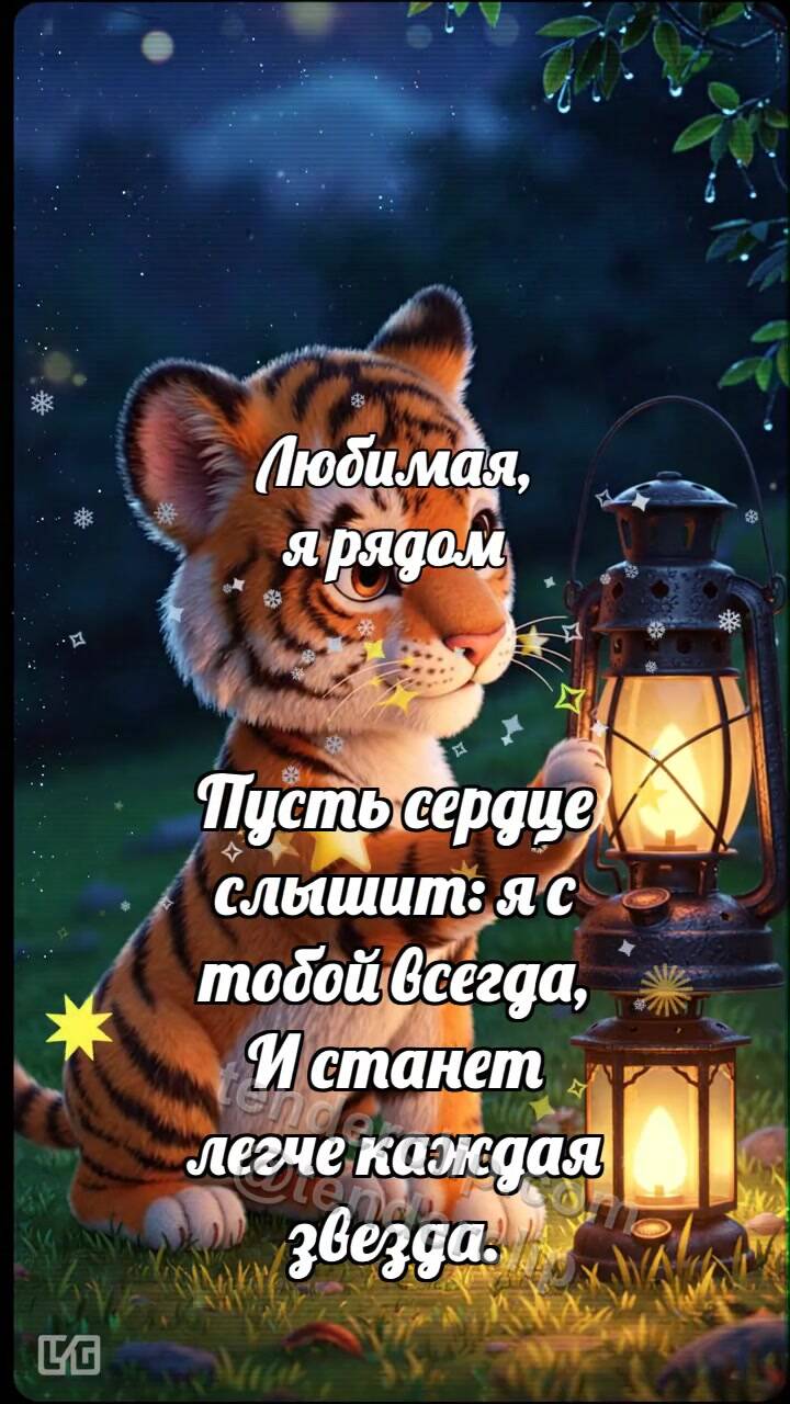 Анимационная открытка на тему Любимая, я рядом: Тигрёнок зажигает второй фонарь