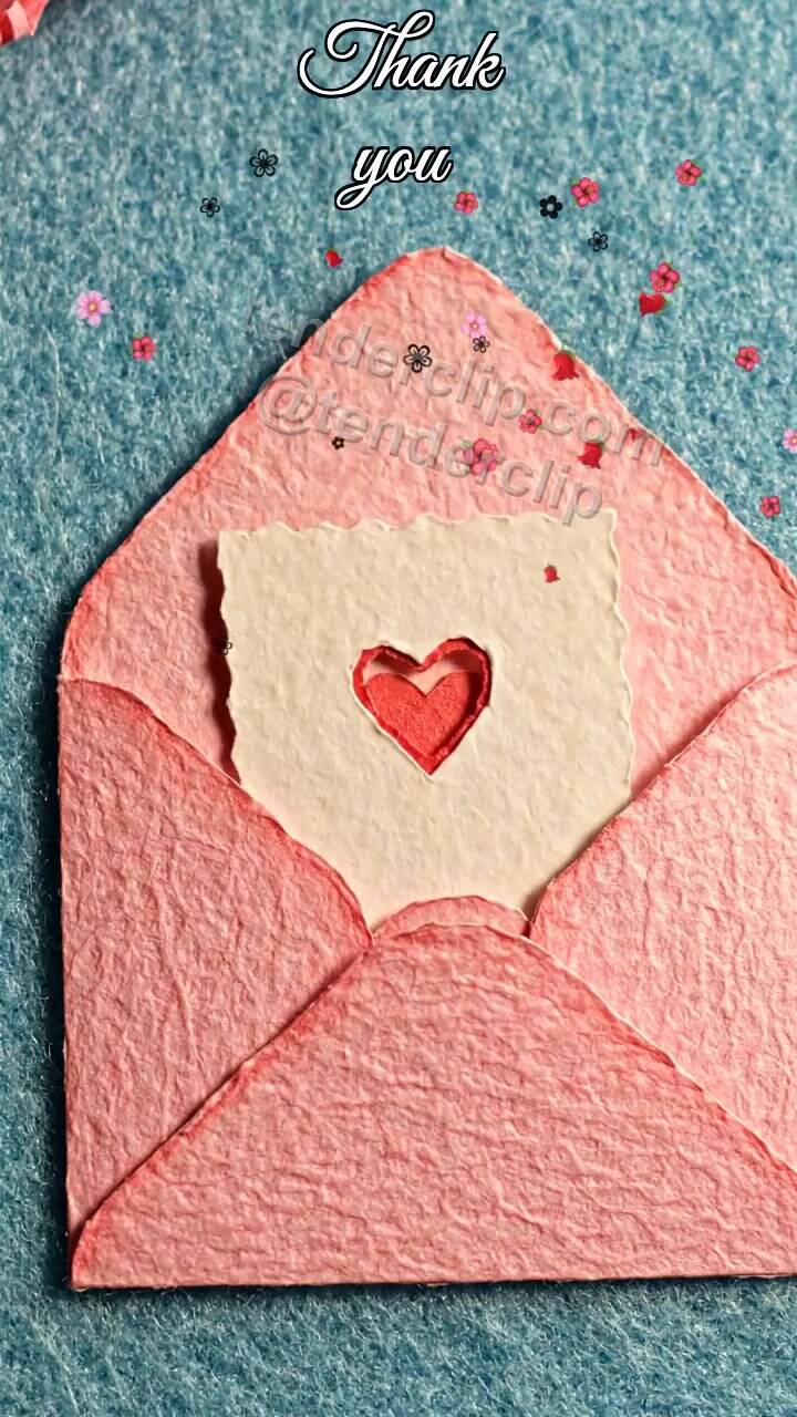 Animated greeting card about Thank you: envelope hugs a card