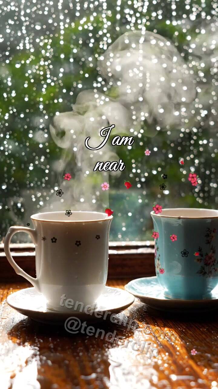 Animated greeting card about I am near: two cups meet by a rainy window
